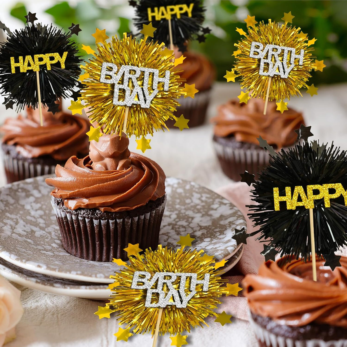LOLStar 12 PCS Happy Birthday Cake Toppers, Black and Gold Foil Cupcake Toppers, Glitter Tinsel Cupcake Decor, Food Picks Drink Stirrers Cocktail Toothpicks for Celebrating Party Supplies