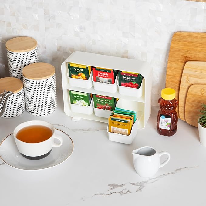Mind Reader Tea Bag Organizer, Tea Station Organizer, Countertop Storage, Kitchen, Plastic, 10.25"L x 3.25"W x 7.75"H, White
