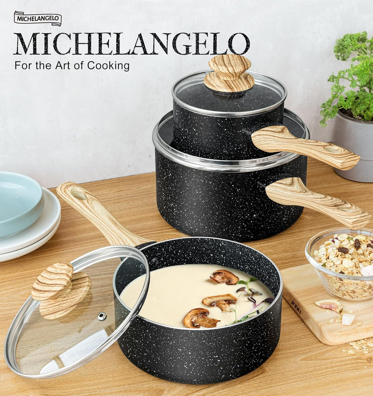 MICHELANGELO 3 Quart Saucepan with Lid, Nonstick Sauce Pan with Lid, Small Sauce Pot, Granite Coating Sauce Pan 3 Quart, Non Stick Stone Pot with Ergonomic Bakelite Handle