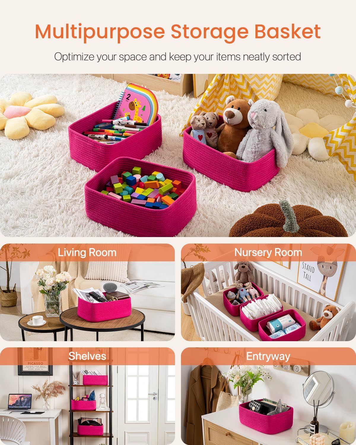 Small Woven Basket, 13.5 x 9.5 x 5 Inches, Storage Basket for Organizing, Cute Small Rope Shelf Closet Cube Storage Bins Baskets for Shelves, Dog Toy Gift Baskets Empty, 3 Packs, Hot Pink