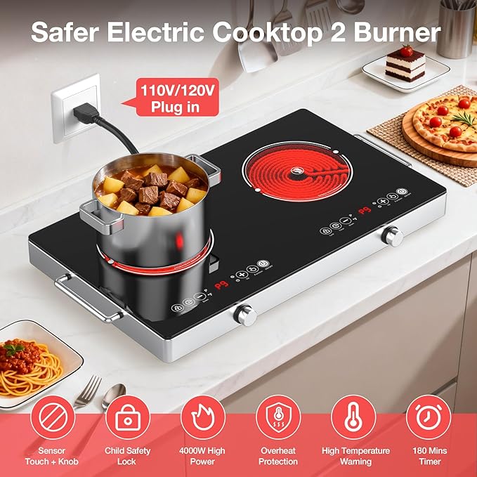 4000w Electric Cooktop 2 Burners, 23'' Electric Stove Top 110v with Plug in, GTKZW Knob Control Countertop & Built-in Ceramic Cooktop, 9 Power Levels, Child Lock, Timer, Over-Heat Protection