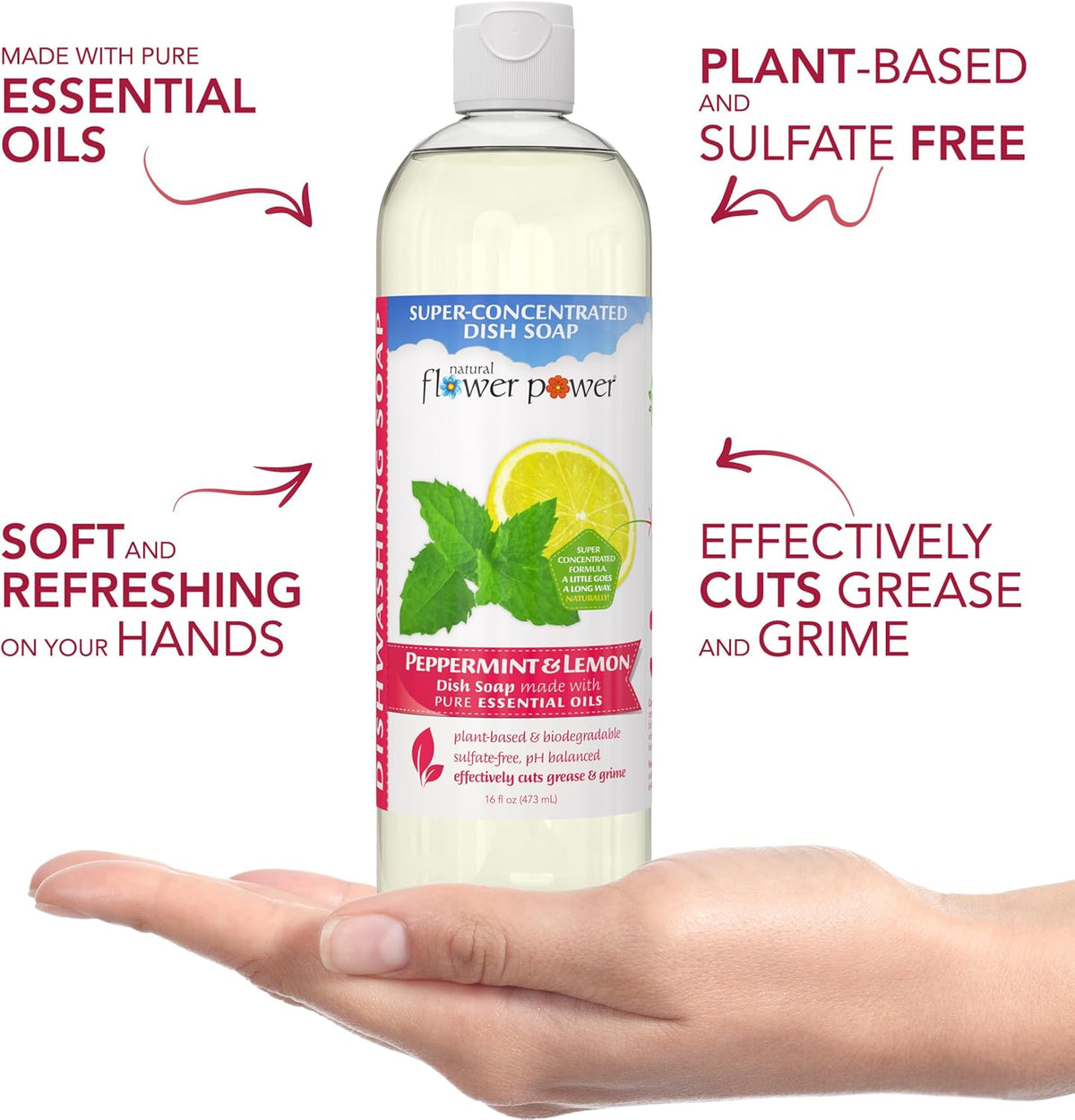 Plant-Derived Dish Soap - Sulfate-Free, Bio-Based, pH-Balanced, Vegan Cleaning Supplies - Peppermint & Lemon - 3 x 16 oz