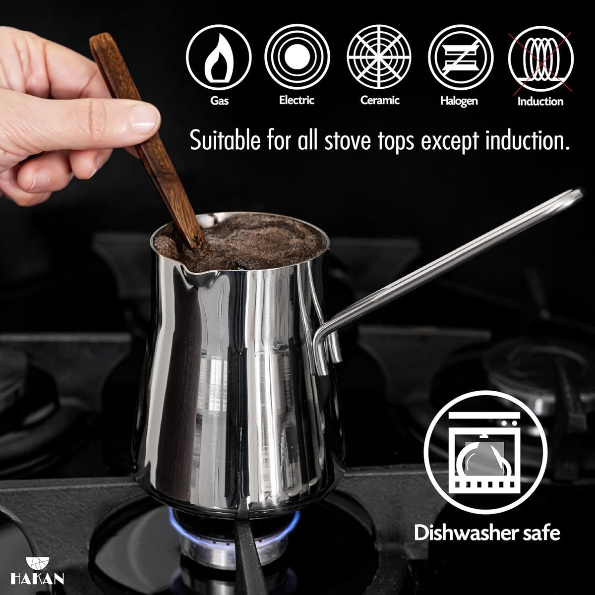 Hakan Topkapı Stainless Steel Turkish Coffee Pot, Greek Arabic Coffee Maker with Spout, Stove Top Coffee Maker in Box, Milk Warmer with Handle, Chai Pot Cezve, Ibrik, Briki (Large - 20.2 oz)
