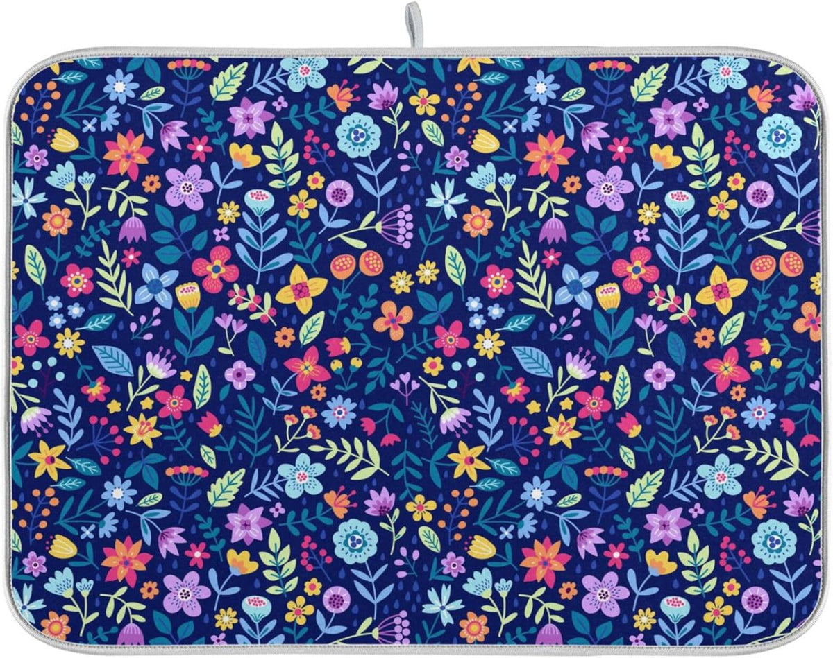 Cute Floral Flowers Dish Drying Mat for Kitchen Counter Absorbent Microfiber Drying Pad, Medium 16x18 in, Reversible Drainer Mats