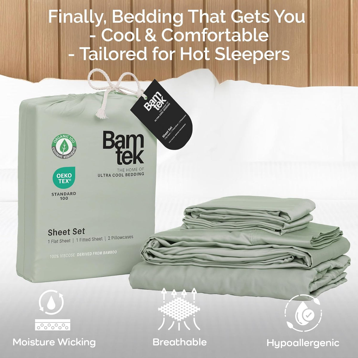 100% Viscose from Bamboo Sheets King Size, Super Soft Bedding Set, 4PC Cooling Sheets for Hot Sleepers, Vegan Silk Moisture Wicking, Organically Grown Bedsheet, Sage - 76" x 80"