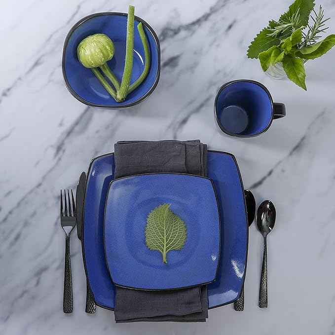 Gibson Elite Soho Lounge Square Reactive Glaze Stoneware Dinnerware Set, Service for 4 (16pc), Sapphire