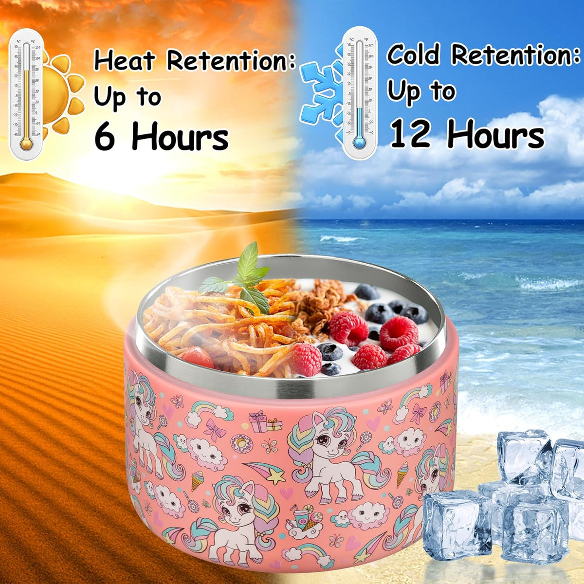 12oz Insulated Vacuum Food Jar with Buckle Lid Wide Mouth Soup Thermo for Hot Food Kids Leakproof Stainless Steel Lunch Container (Pink-Horse)