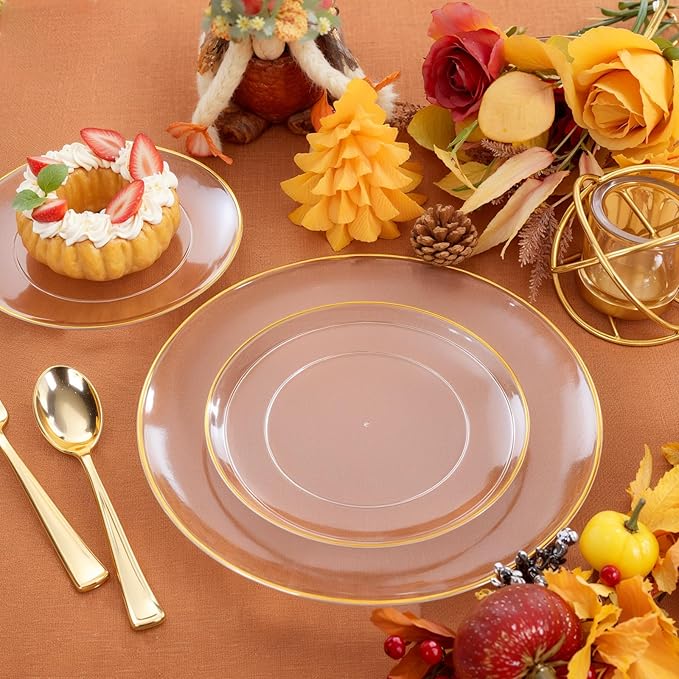 bUCLA 100PCS Clear and Gold Plastic Plates - Clear Disposable With Gold Rim Include 50 Each (10 inch Dinner & 7 inch Dessert) Plates, Ideal for Party & Thanksgiving