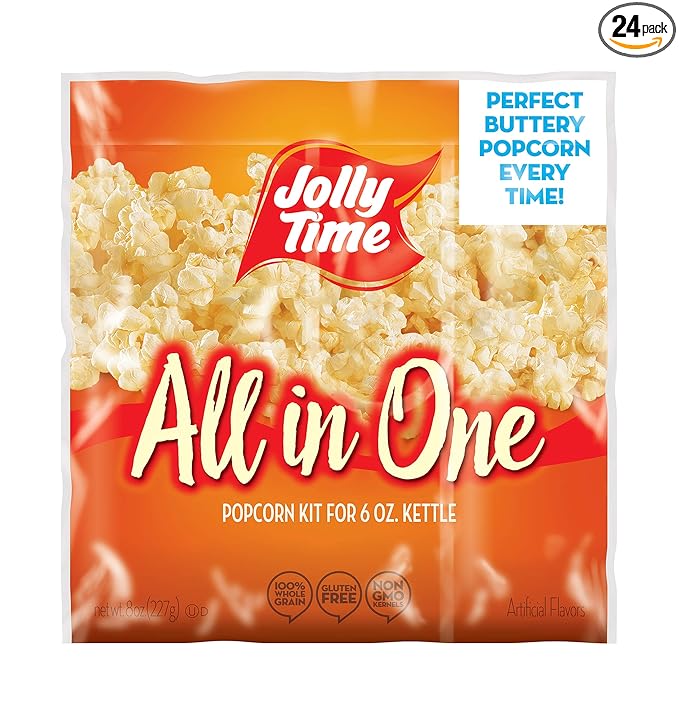 JOLLY TIME All in One Popcorn Kit, Portion Packets with Kernels, Oil and Salt for Movie Theater or Air Popper Machines (24 pack, 6oz Kettle)