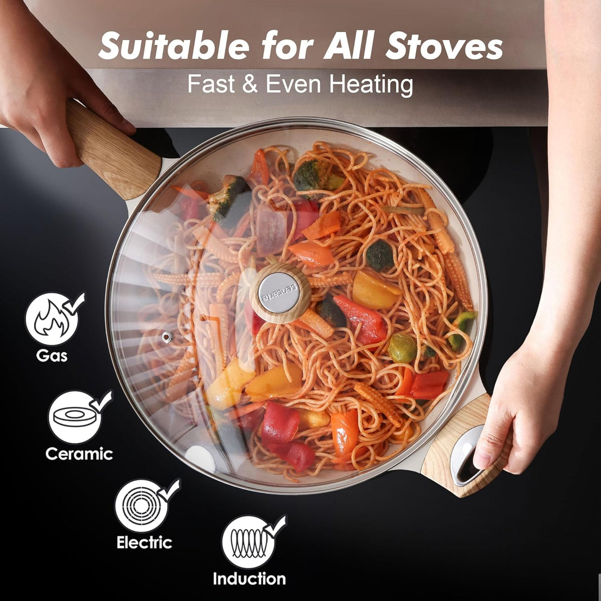 SENSARTE Ceramic Nonstick Frying Pan Skillet with Lid 12.5Inch Large Non Stick Non-toxic Healthy Kitchen Cooking Chef's Pan, Free of Intentionally Added PFOA/PFAS/PTFE, Induction Compatible
