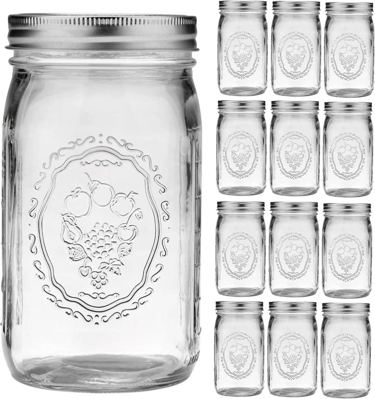 Mason Jars 32 oz Wide Mouth - 12 Pack Quart Glass Mason Jars with Airtight Lids and Bands for Canning, Pickling, Food Storage, Fermenting, Leak Proof, Reusable