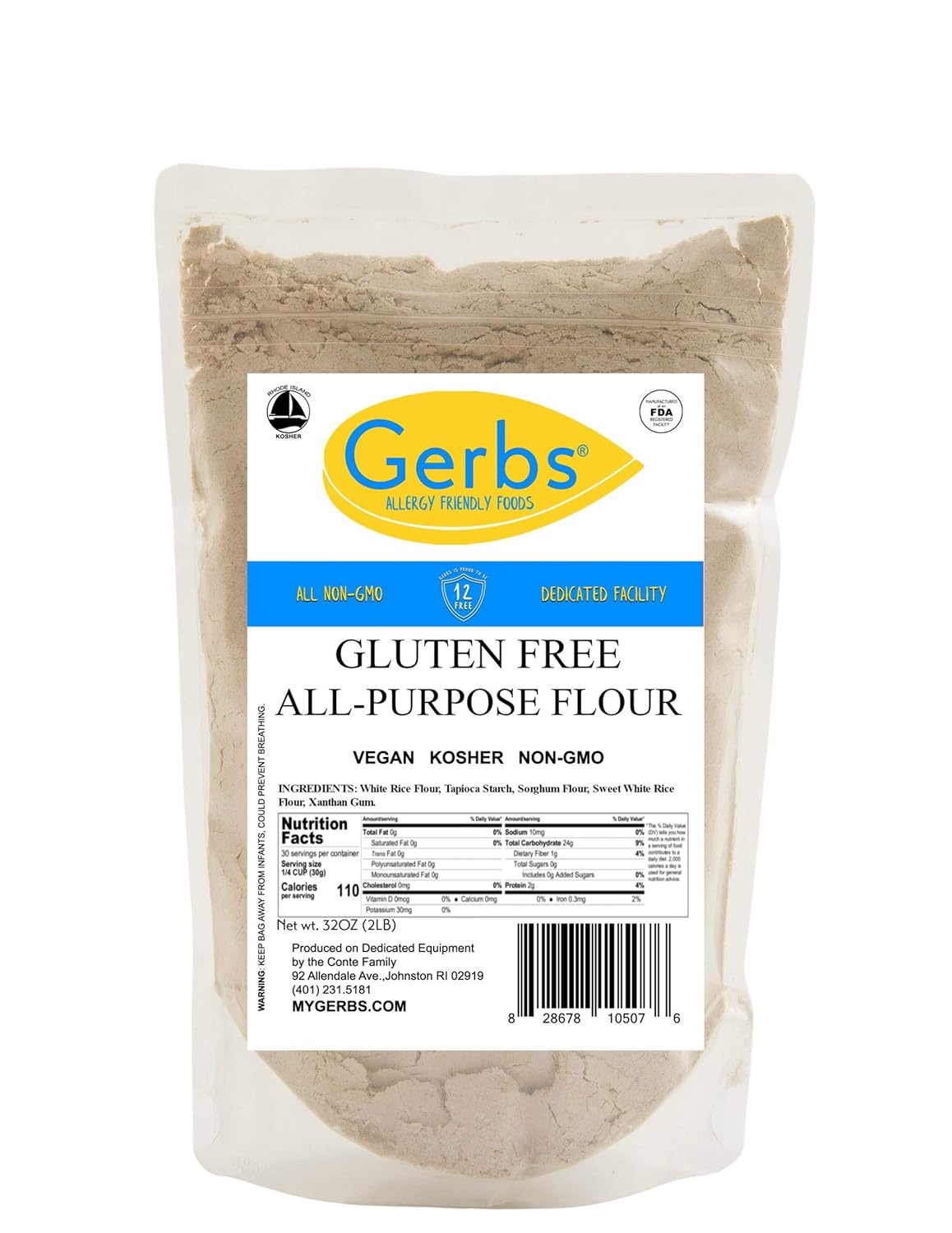 Gerbs All Purpose Gluten Free Baking Flour 2 lbs. | Custom Blend, No Additives, Resealable Bag | Smooth Texture, Neutral Taste for Versatile Use | Top 14 Allergen-Free