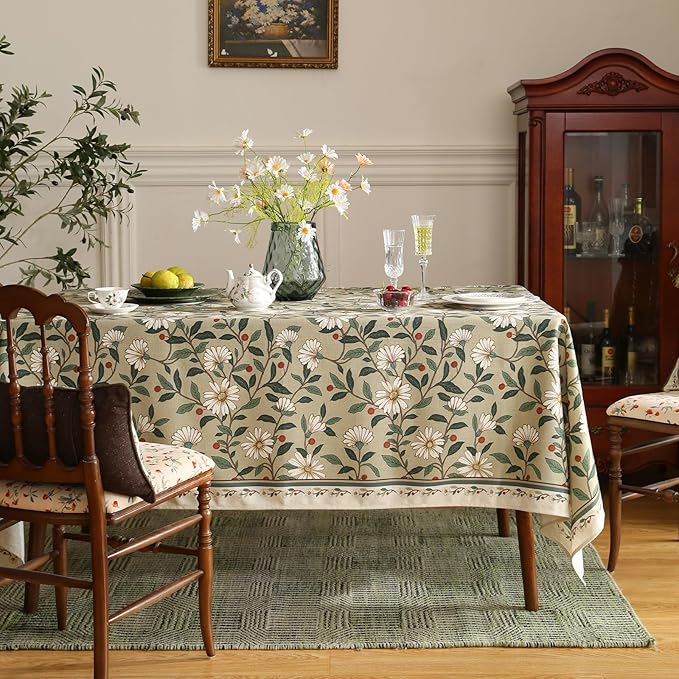 ISAENNE Designer Green Linen Small Rectangular Tablecloth,Floral French Country Indoor Table Cloth,Stain Resistant Home Decor Tablecloths for Dining Kitchen Thanksgiving Party,55"*71"-Brune
