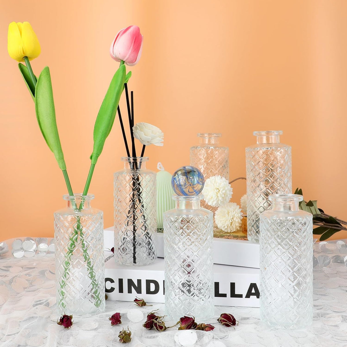 Glass Flower Vase, Aromatherapy Bottle, Small Vase, 6 Sets, Simple, Centerpieces for Table, White Transparent, for Home Decoration, Anniversary, Wedding