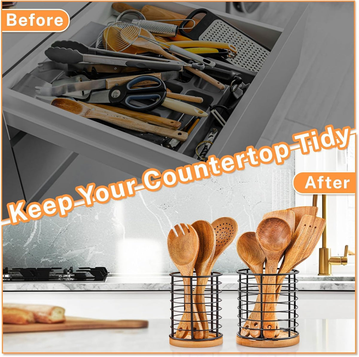 2 Pieces Utensil Holders, 5.1*5.1*5.8 and 3.7*3.7*5.8 inches Kitchen Utensil Holders, Metal Black Crocks with Wooden Base, Easy to Drain