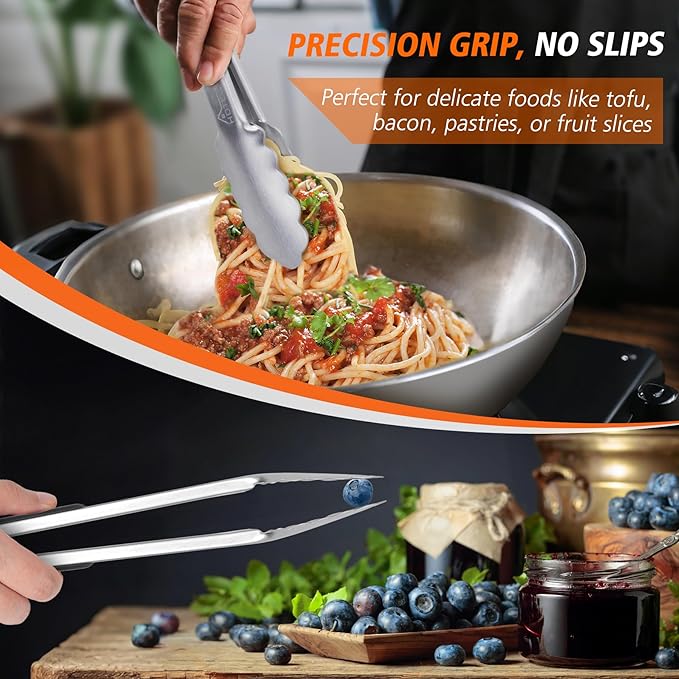 Hotec Stainless Steel Kitchen Tongs Set of 2 - 9" and 12", Locking Metal Food Tongs Non-Slip Grip