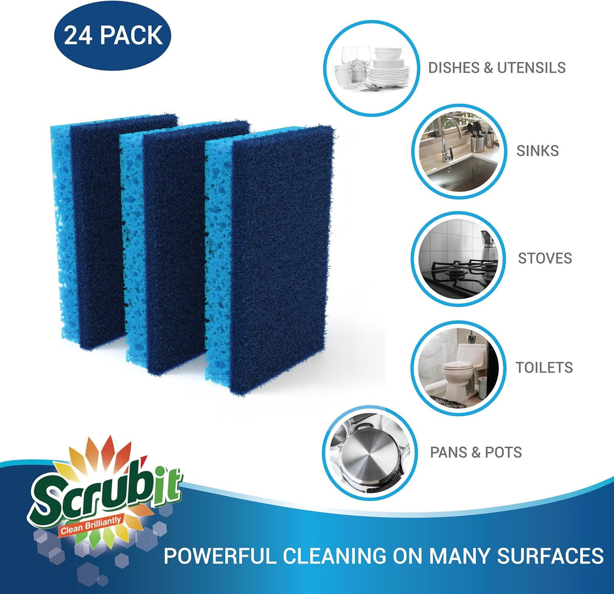 SCRUBIT Kitchen Scrub Sponges - Non-Scratch Dishwashing Sponge for Cleaning Dishes, pots and Pans - 12 Pack (Blue)