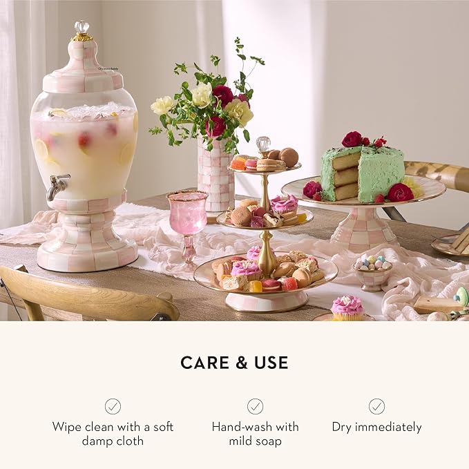 MACKENZIE-CHILDS Enamel Pedestal Platter, Round Cake Stand, Large, Pink-and-White Rosy Check