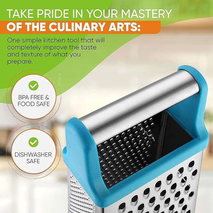 Spring Chef Handheld Stainless Steel XL Parmesan Cheese Grater with Handle - 4 Sided Metal Box Grater for Kitchen - Dishwasher Safe Potato Shredder for Hash Browns, Potato, Carrot, Vegetables - Teal