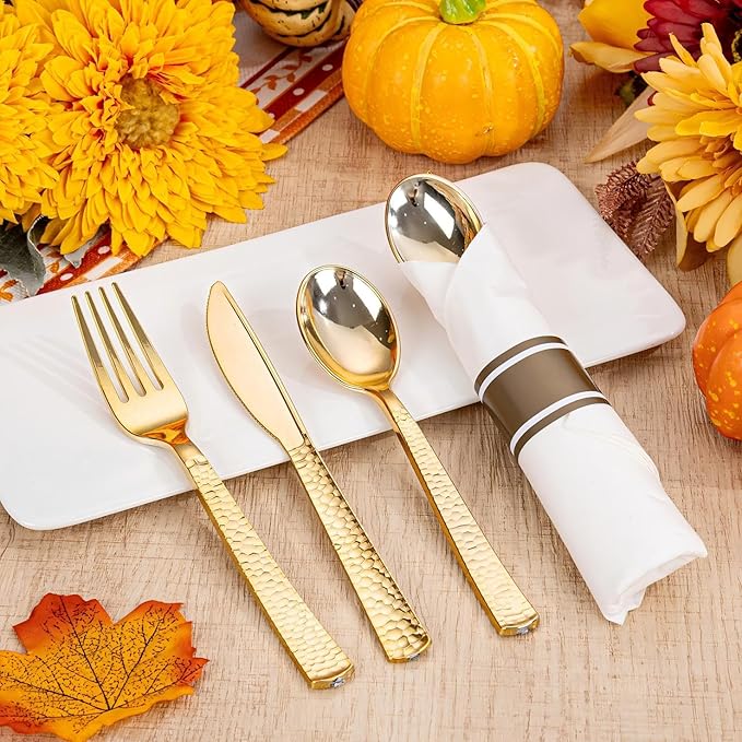 WELLIFE 300PCS Gold Plastic Silverware,Pre Rolled Silverware Set Disposable,Hammer Pattern Design,Plastic Cutlery Includes: 75 Forks, 75 Knives, 75 Spoons, 75 Napkins, Thanksgiving Cutlery