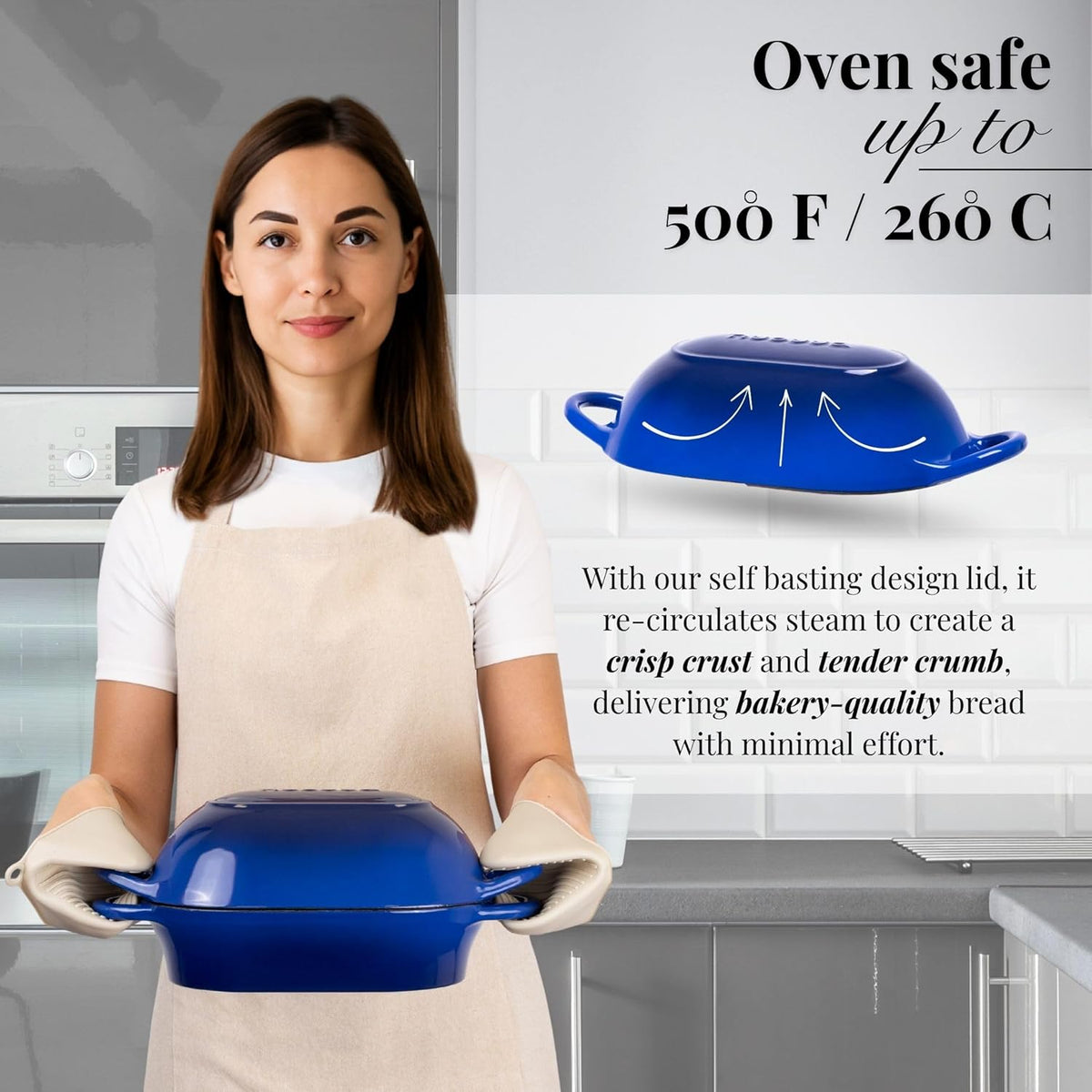 Dutch Oven For Sourdough Bread Baking – Enamelled Cast Iron Bread Loaf Pot – Oven Safe Non Stick Bread Pot – Rectangular, Dark Blue, 24cm x 16cm – by Nuovva