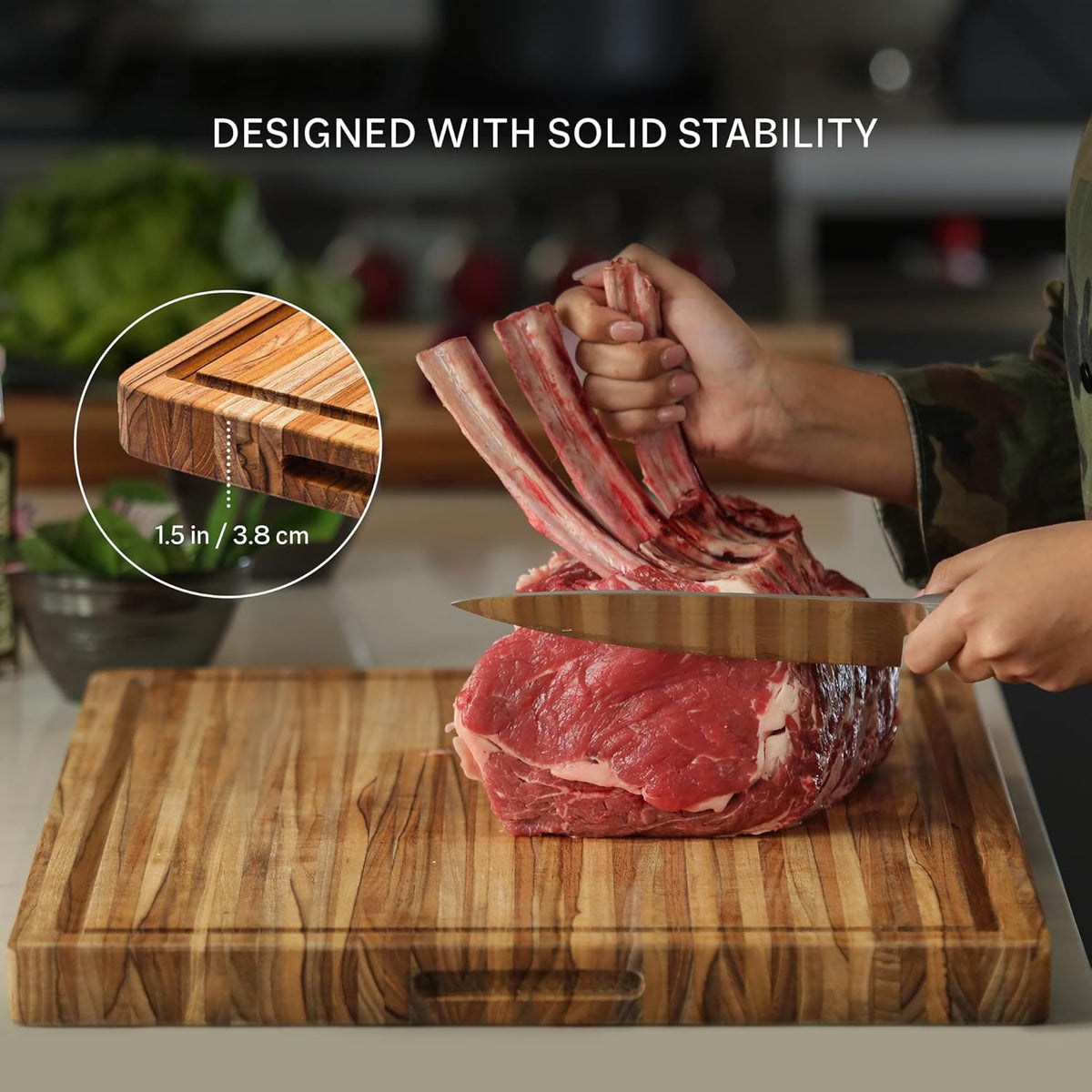 Teakhaus Cutting Board - Small (S) Wood Cutting Board with Juice Groove and Grip Handles - 16”L x 12”W - Thin, Lightweight, Reversible Teak Edge Grain Wood - Knife Friendly - FSC Certified