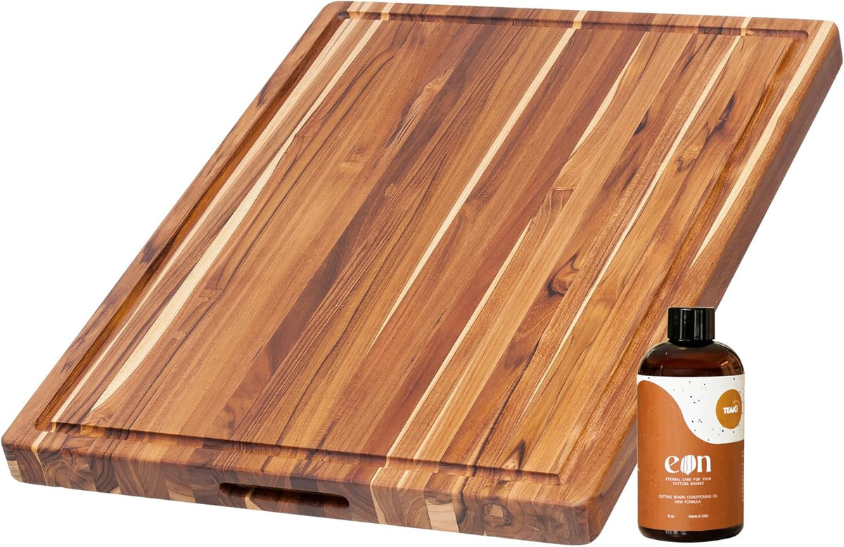 Teakhaus Carving Board and Cutting Board Oil Set - Includes Large (L) Wood Cutting Board with Juice Groove and EON Food Grade Mineral Oil - Knife-Friendly - FSC Certified