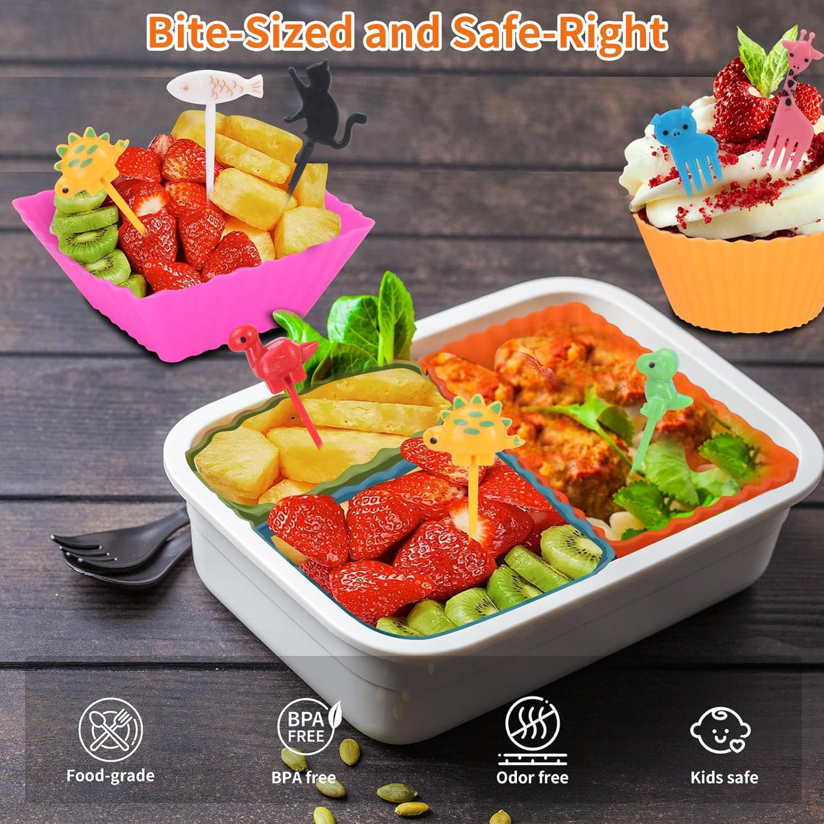 60PCS Silicone Lunch Box Dividers, Heavy-Duty Silicone Cupcake Liners for Muffin Cups, Reusable Kids' Lunch/Bento Box Accessories Set with Animal Forks, Food-Grade, BPA Free(20 Liners + 40 Picks)