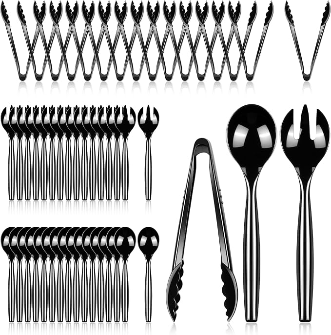 Dualshine 48 Pcs Disposable Black Plastic Serving Utensils,16 Set Including 10" Plastic Serving Spoons, Forks and 9" Tongs for Dinner Parties, Buffets,Banquets, Events, Weddings, and Daily Use