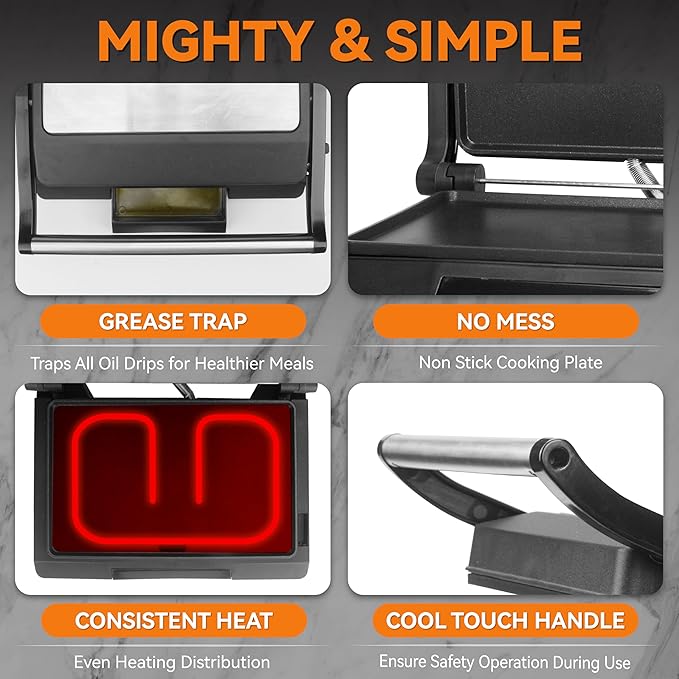 Baker's Friend Mini Panini Press Electric Griddle, 2 Slices of Panini Grill Press Sandwich Maker Press, Sandwichera Electrical for Pancakes & Eggs, Oil Tray, Non Stick Surfaces, Stainless Steel