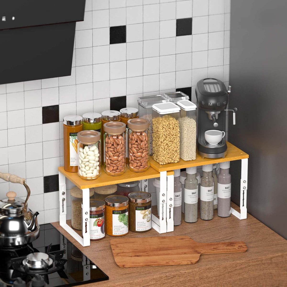 Expandable Kitchen Cabinet Organizer Shelves – Stackable Adjustable Metal and Wood Storage Racks for Countertop, Pantry, Garage Set of 2 Spice Rack – Easy Assembly, Space-Saving(2 Packs/Large/White)
