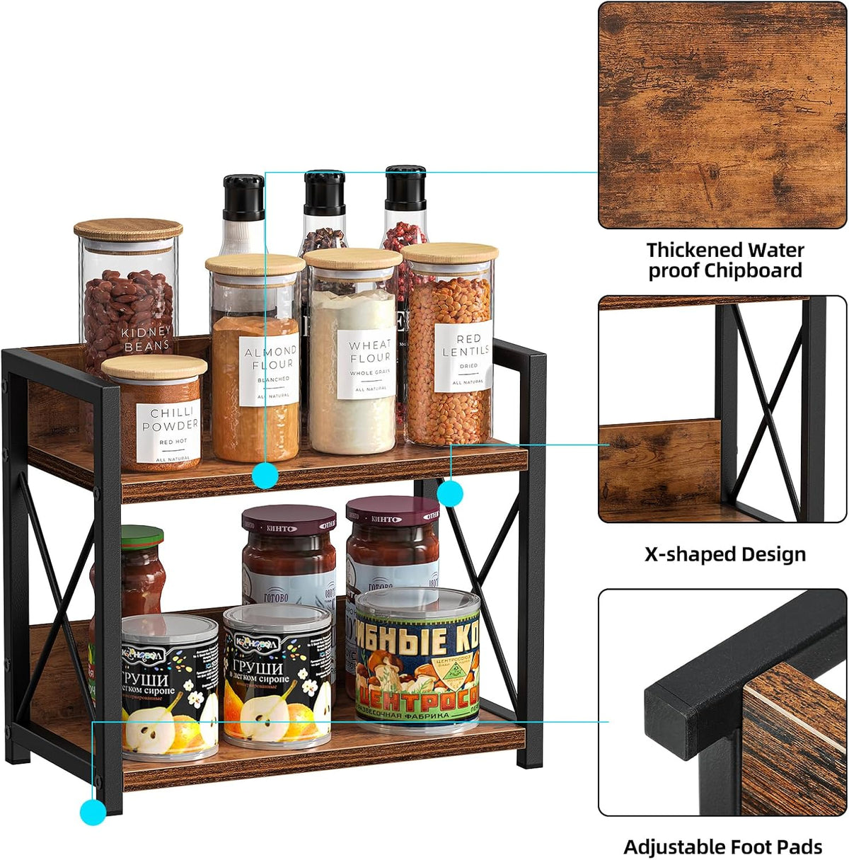 Giikin Countertop Shelf Organizer, 2 Tier Kitchen Spice Rack for Countertop, Wood Coffee Counter Shelf Organizer for Home (Brown, S)
