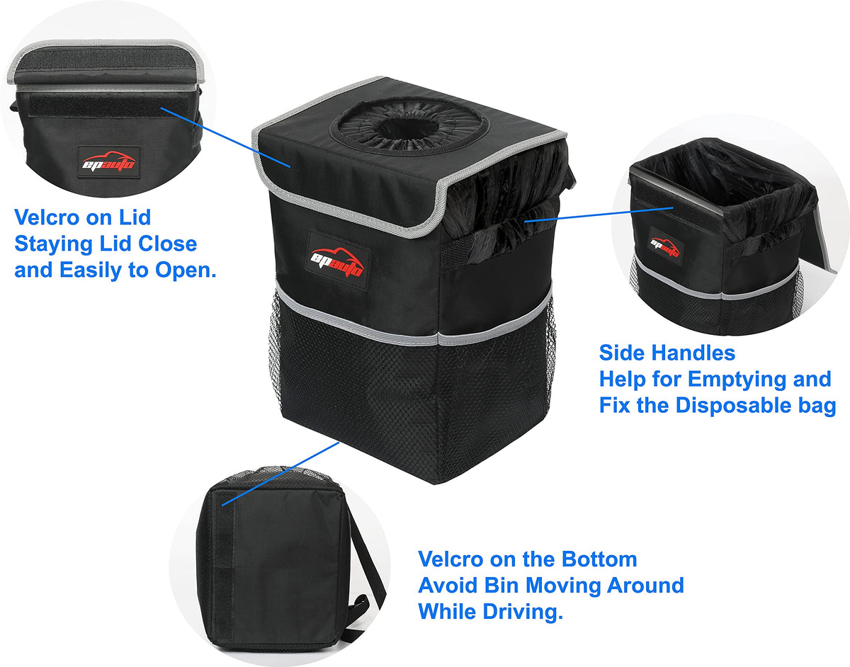 EPAuto Waterproof Car Trash Can with Lid and Pockets, 2.5 Gal, Black