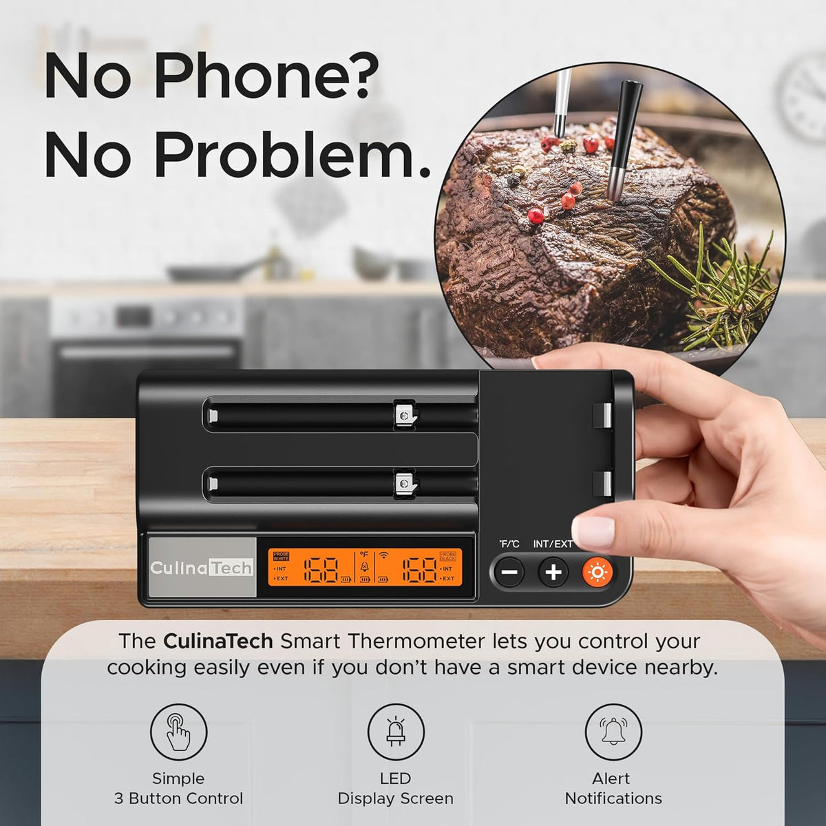 CulinaMeter Two: 2 Probes Wireless Meat Thermometer with LCD Screen, 700FT Digital Cooking Food Thermometer for Beef Lamb Turkey, Dual Sensor Measures Internal & Ambient Temp