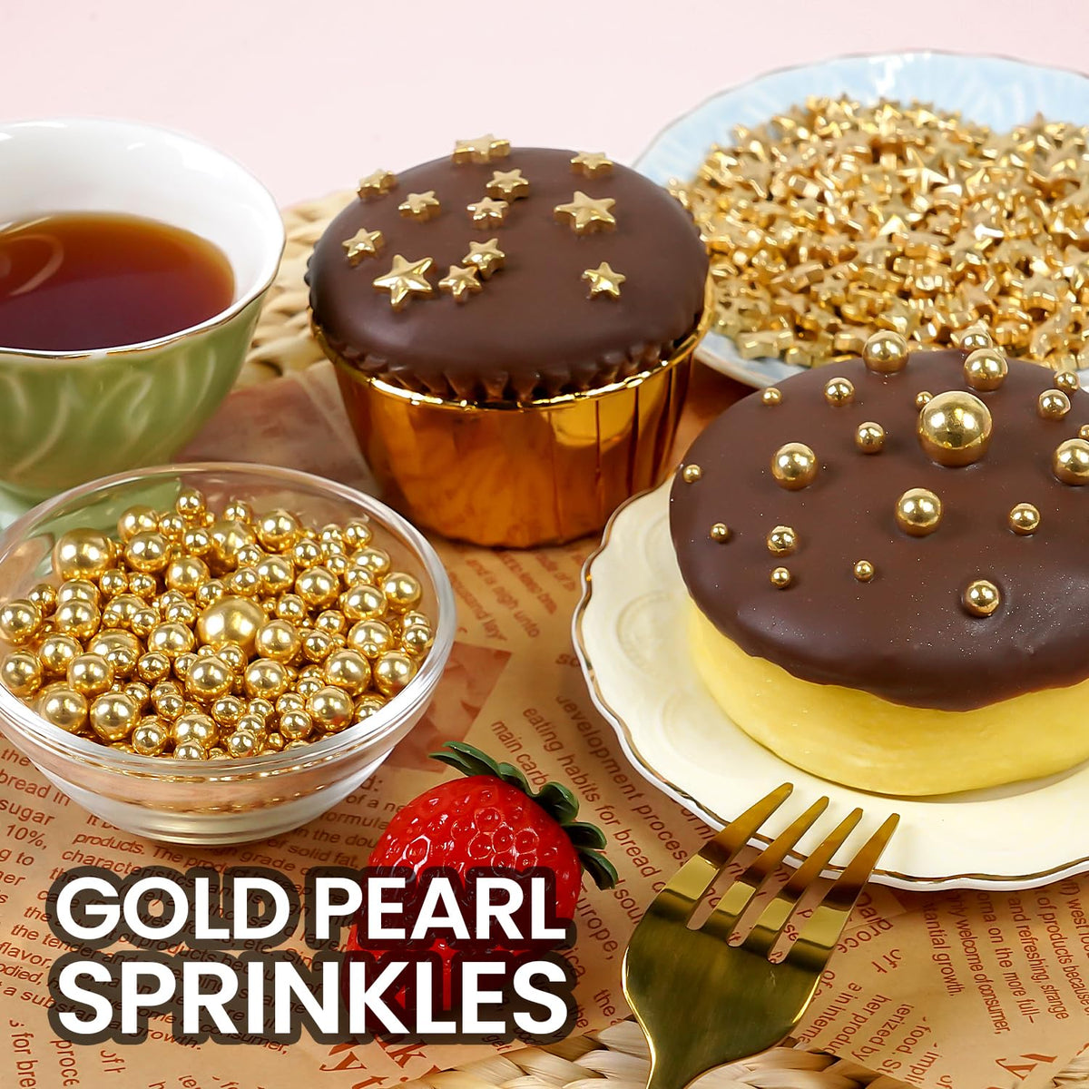Gold Pearl Sprinkles for Cake Decorating, 150g/5.29oz, Mix Size, Edible Sugar Candy Pearls, Cake Decorations, Cupcake, Cookies, Ice cream Topper, Holiday, Wedding Party, Easter, Christmas Supplies