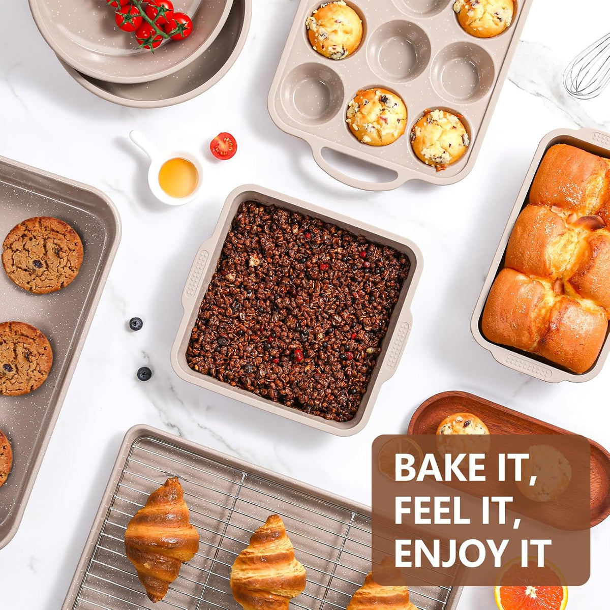 Vinino 8-Piece Baking Pans Set Nonstick, Bakeware Set includes Silicone Muffin, Loaf, Cake Pans with Metal Reinforced Frame, and Carbon Steel Roasting Pan, Cookie Sheet, Cooling rack for Oven