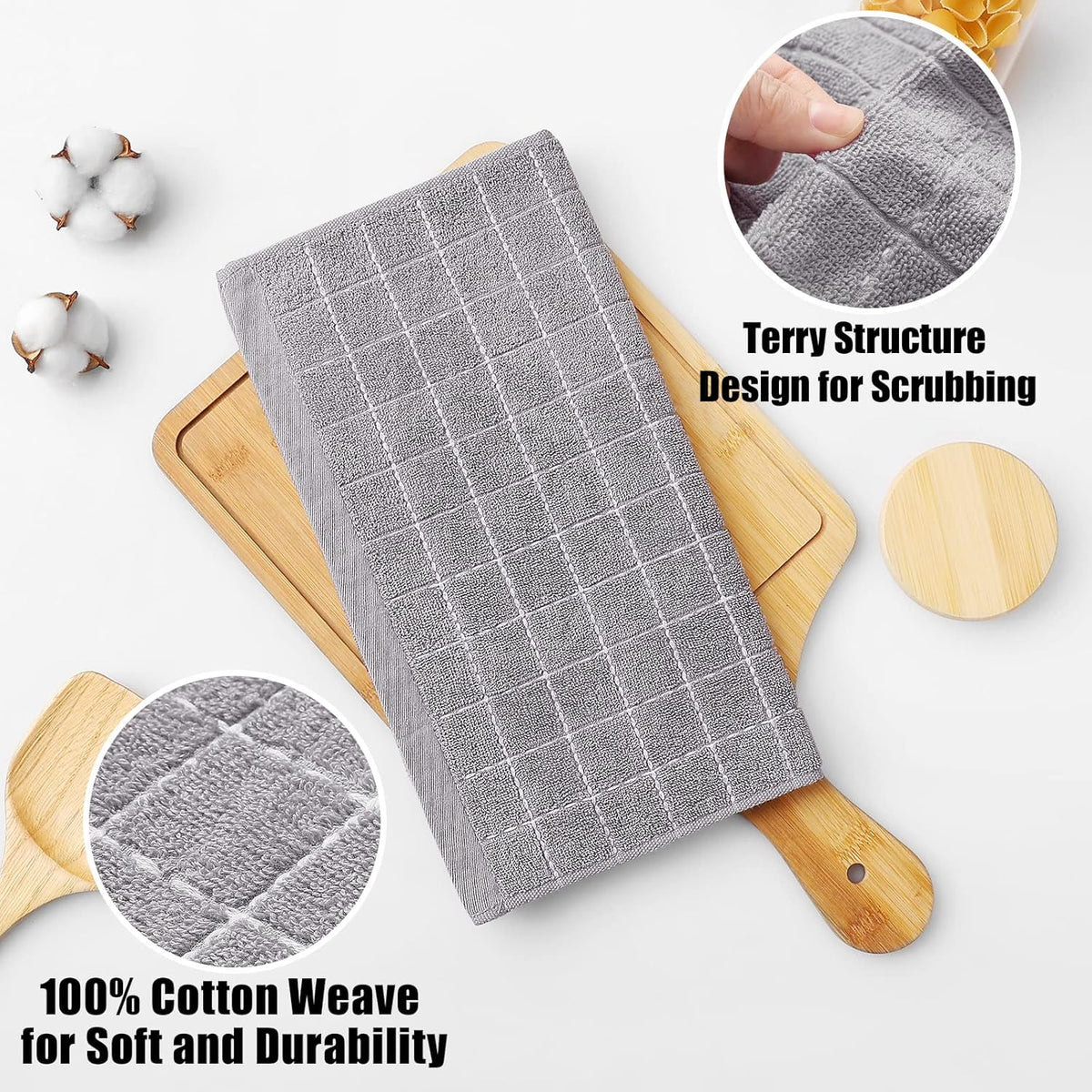 Homaxy 100% Cotton Terry Kitchen Dish Cloths, Ultra Soft and Absorbent Dish Towels for Kitchen, Suitable for Drying and Washing Dishes, 6 Pack, 12 x 12 Inches, Light Grey