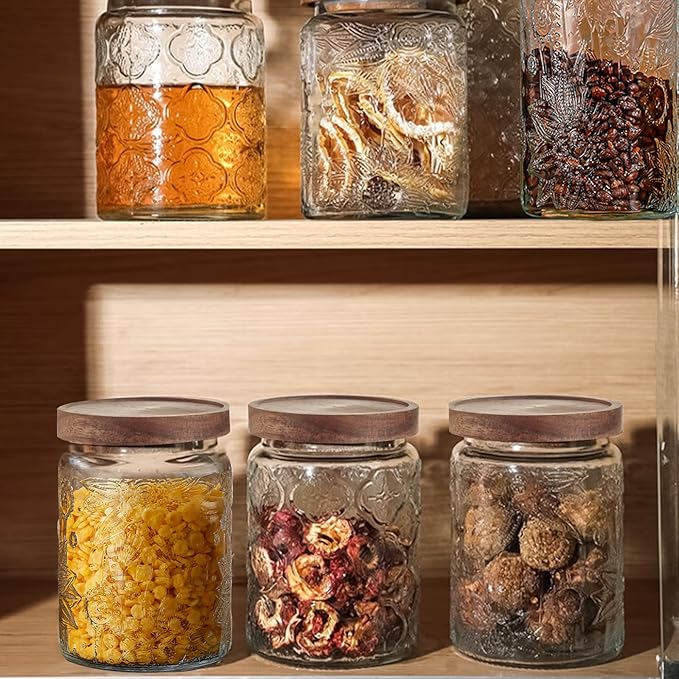 24 OZ/2 PCS Glass Storage Jar with Airtight Bamboo Wooden Lids, Vintage Food Containers Canisters Sets for Kitchen Counter Pantry, Sugar, Flour, Candy, Tea, Coffee Beans, Oats, Grain Bin, Pasta,