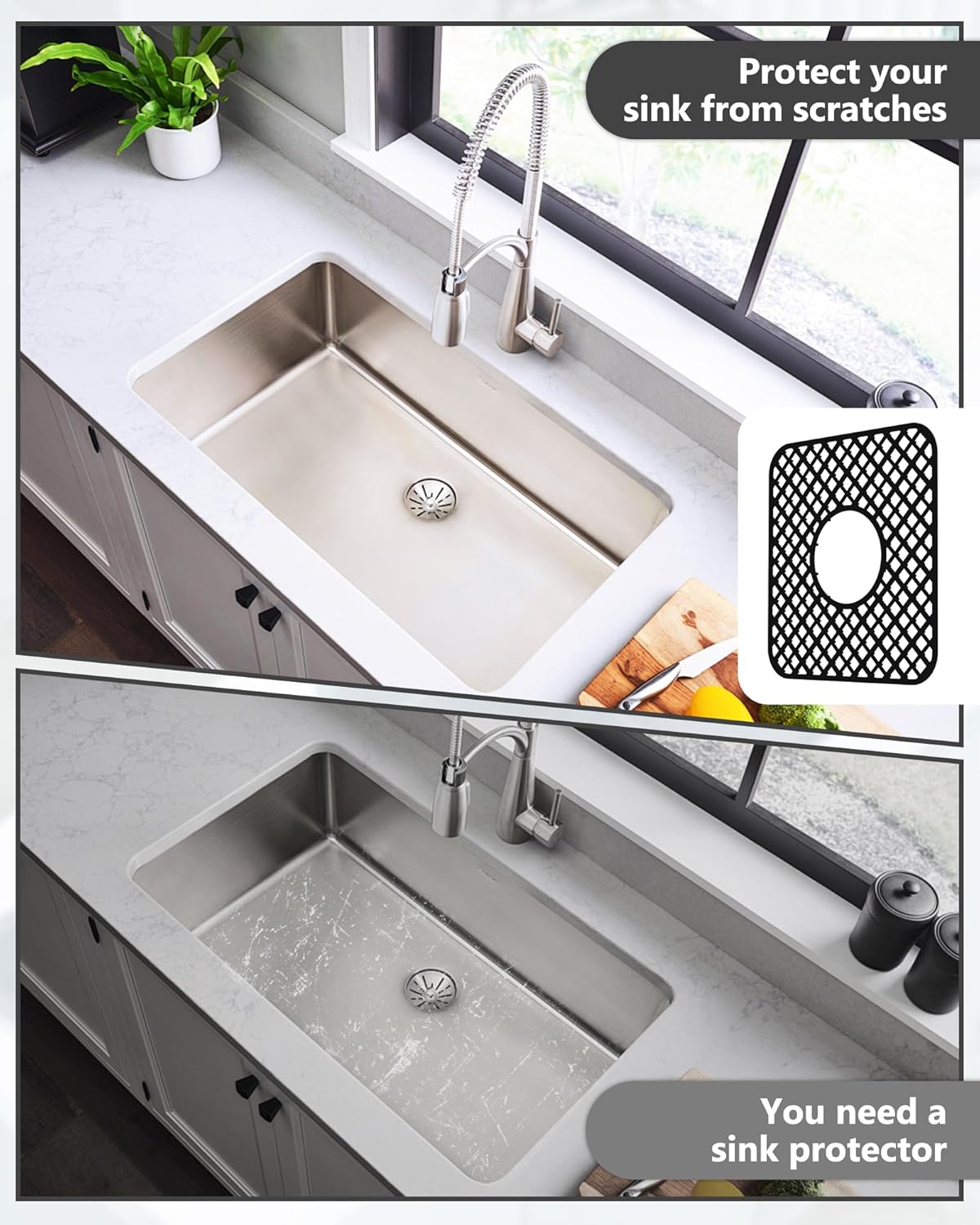 2 Pack Silicone Sink Protector for Kitchen Sink, Lozenge Pattern 13 x 11 inches Sink Grid Mat Silicone Protectors, Center Drain, Black