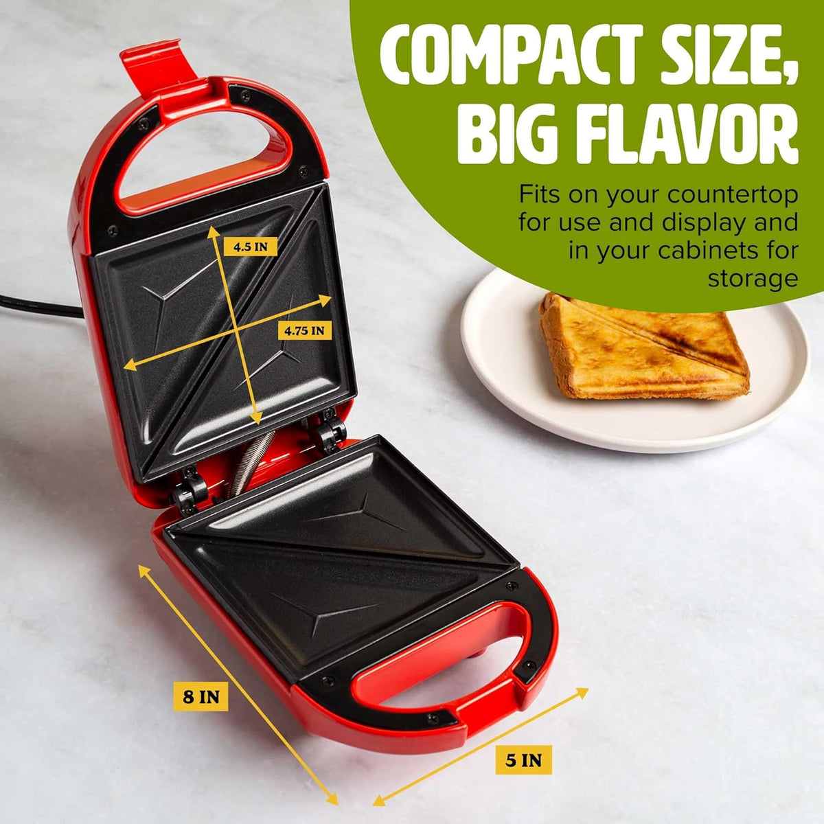 Tasty Mini Sandwich Maker, Makes Sandwiches, Paninis, Grilled Cheese, Desserts, Quick Results, Easy Cleanup, 600W, Red