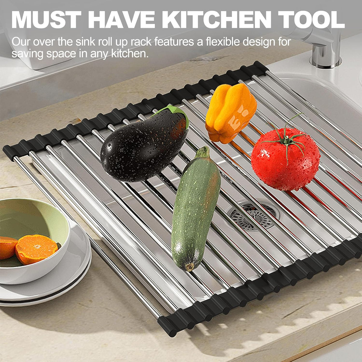 NEZUIBAN Dish Drying Rack with Roll Up and Over Sink for Kitchen,17.5"x15.7",Black