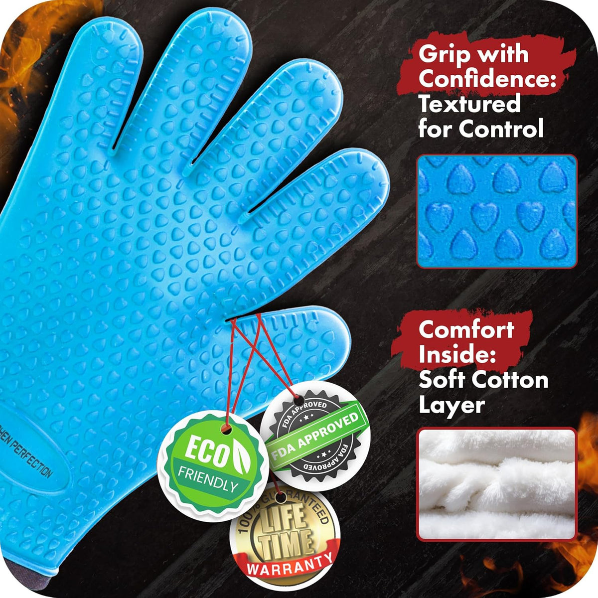 KITCHEN PERFECTION XL Silicone Smoker Oven Gloves-Extreme HeatResistant Gloves-Handle Hot Food Right on Your Grill BBQ Fryer&Pit|Waterproof Grilling Cooking&Baking Mitts|Superior Value Set+3 Bonuses