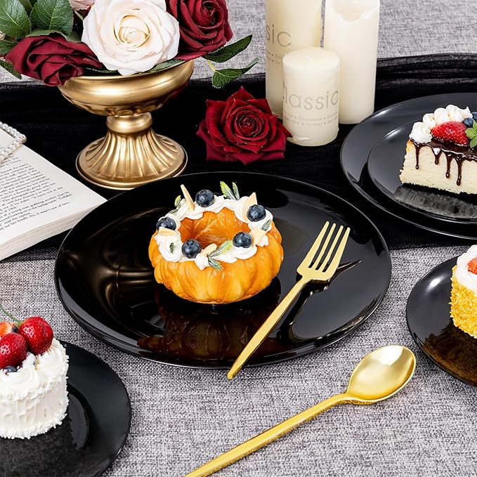 PULOTE 200PCS Black Plastic Plates - Heavy Duty Black Disposable Include 100 Each (10 inch Dinner & 7 inch Dessert) Plates, Disposable for Party, Birthday & New Year