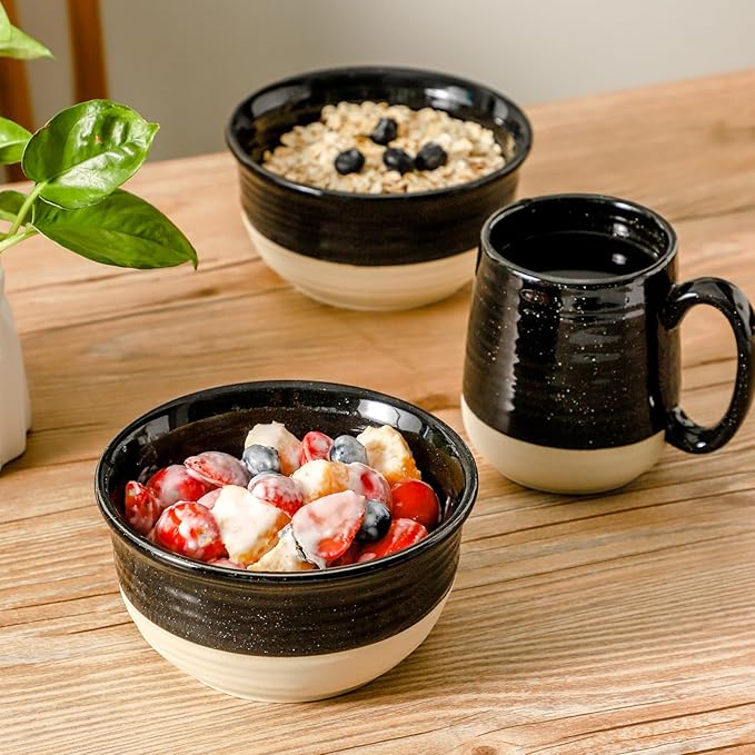 HASENSE Ceramic Soup Bowls and Cereal Bowls, 20 OZ Bowls for Kitchen Set of 6, Stackable Bowls Set for Ramem, Salad, Oatmeal, Rice, Snack, Dishwasher Microwave Safe, Black
