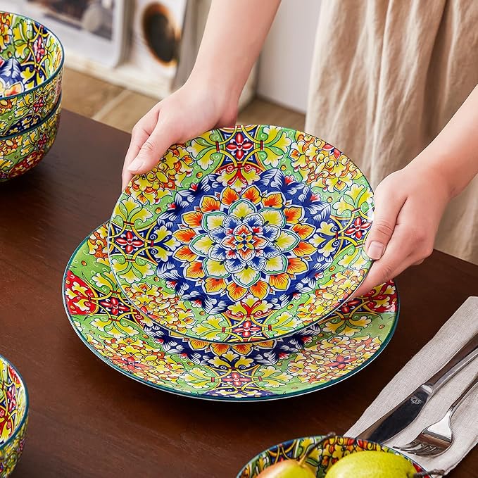 vancasso 12 Pieces Dinnerware Sets, Green Plates and Bowls Set, Porcelain Dishes Set for 4, Microwave and Dishwasher Safe, Scratch Resistant, Bohemian Style Dining Ware Service for 4, Series SIMI