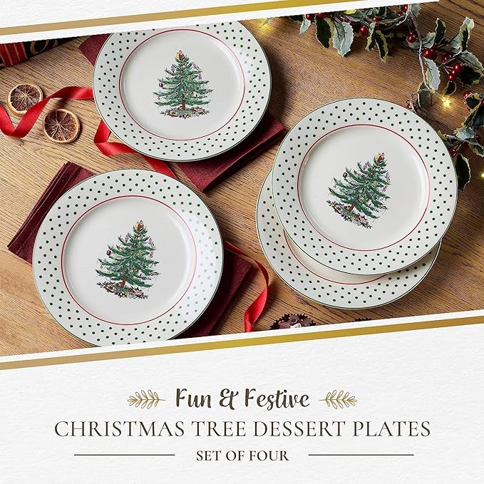 Spode Christmas Tree Polka Dot Dessert Plate (Set of 4) - Festive 8-Inch Stoneware Plates for Holiday Entertaining, Appetizers, Snacks - Microwave, Dishwasher, Freezer Safe Party Appetizer Dishes