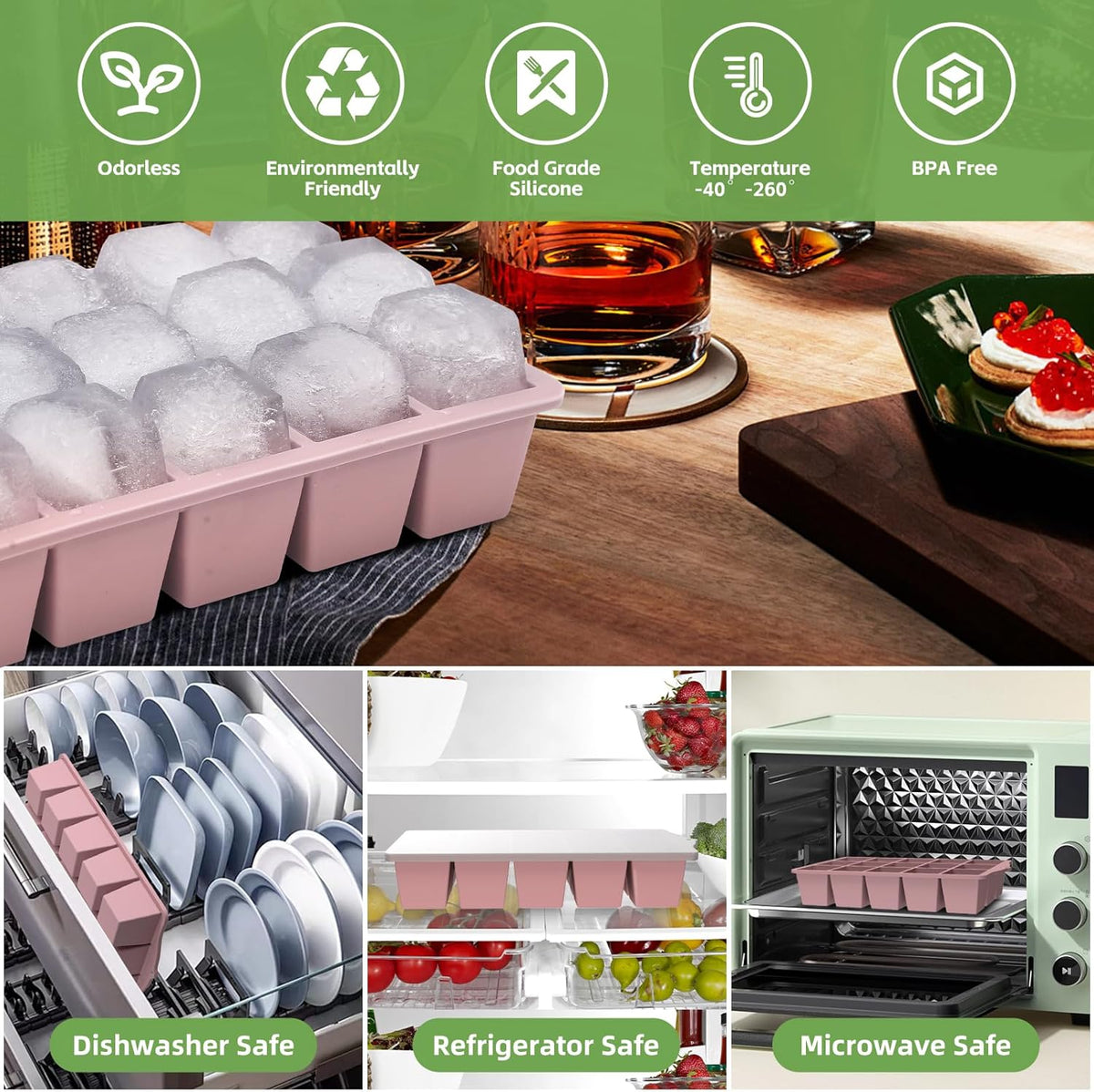 Silicone Ice Cube Tray, 2 Pack Easy-Release Stackable Ice Trays for Freezer with Lid 15 Reusable Cubes, Food Grade BPA Free Ice Molds for Whiskey, Baby Food, Coffee, Cocktail, Drinks (Pink)