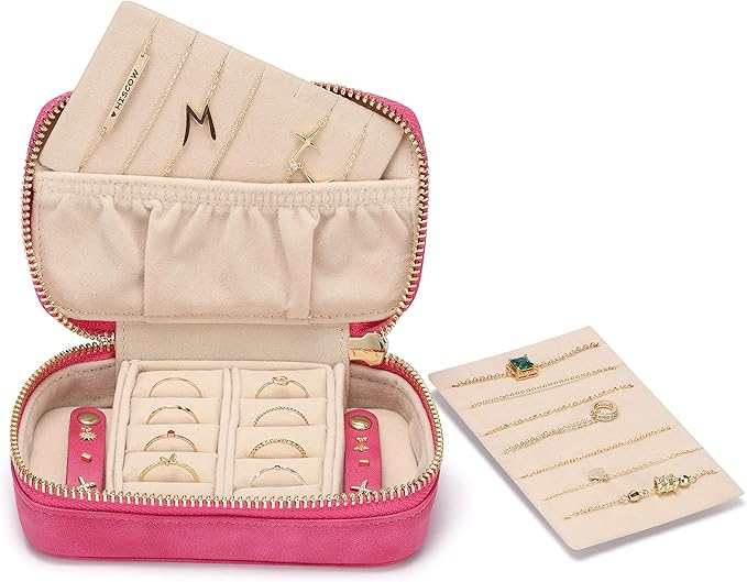 HISCOW Vegan Leather Travel Jewelry Case with Zipper - Portable Necklace & Earring Holder Organizer for Women Girls, Velvet-Lined Ring Box with Anti-Tarnish Design, Rose Red