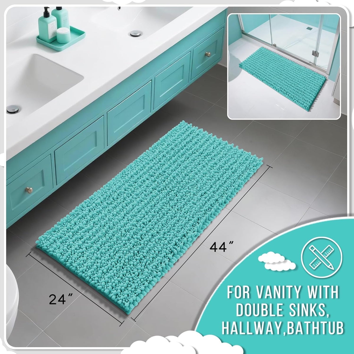 Yimobra Long Bathroom Rugs Non Slip Washable 44x24 Inch - Ultra Soft Absorbent Chenille Bath Mat, Quick Dry Shaggy Floor Carpet for Tub Shower, Lake Blue Home Decor Accessories