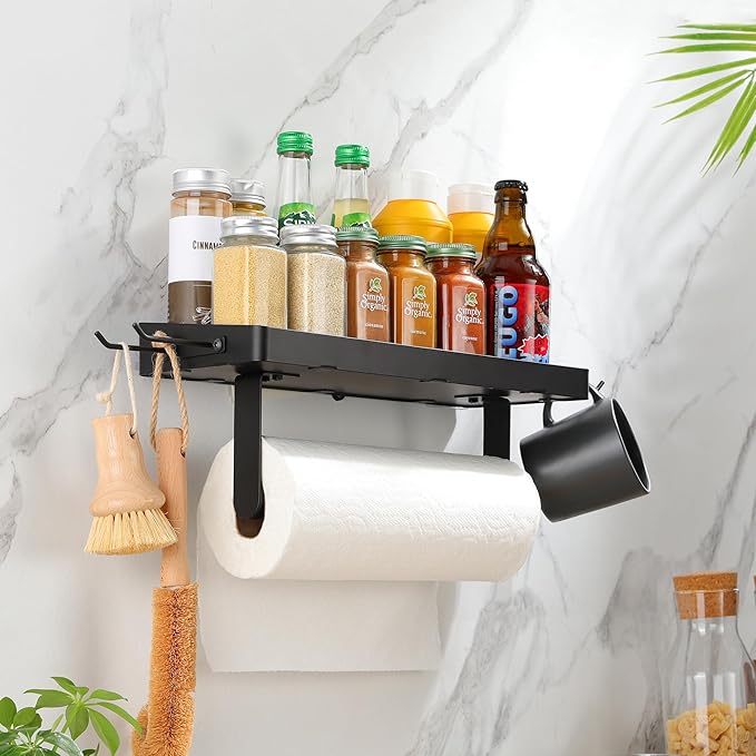 ZUNTO Garage Paper Towel Holder with Shelf, Black Stainless Steel Paper Towel Rack with Hooks, Wall Mount Paper Towel Holder for Kitchen, Garage Organization and Storage